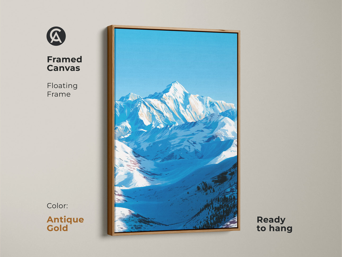 A framed canvas features a floating frame in antique gold showcasing a snowy mountain landscape. This ready-to-hang modern nature artwork adds a touch of elegance. The blue sky mountain art is a perfect piece of bedroom wall decor or home office art. It serves as a great gift for nature lovers.