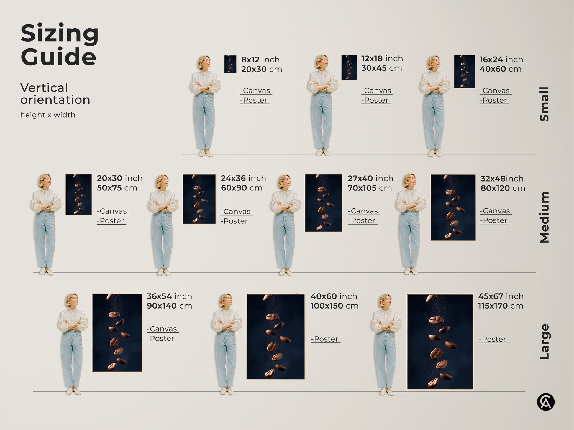Sizing guide for vertical abstract coffee bean artwork. Available as canvas or poster prints in sizes from small to large. This modern kitchen wall art in Tan and Dark Blue adds a contemporary touch to any home. Find the perfect fit for your space.