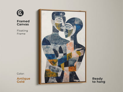 Infuse your home with the elegance of this gold abstract painting. This navy gold and blue canvas print features a couple in an embrace. Its contemporary figurative style enhances any space. This modern abstract decor serves as a romantic wall art print and a unique artistic wall hanging.