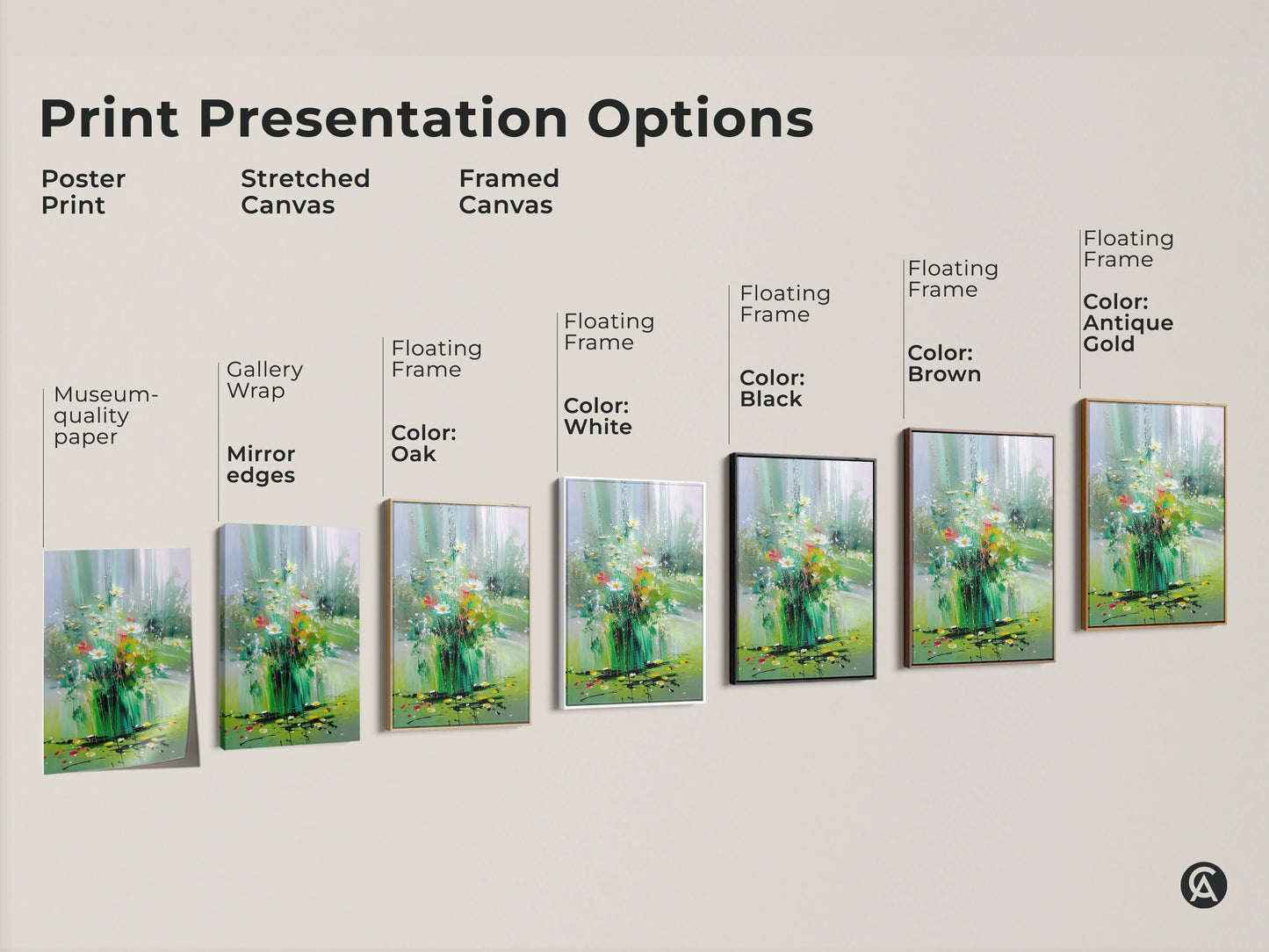Various print presentation options for impressionistic wildflower art. Choose from poster prints stretched canvas or framed canvas. Available with different frame colors like black brown white and oak. Find the perfect botanical artwork for your home decor.
