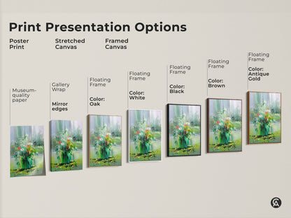 Various print presentation options for impressionistic wildflower art. Choose from poster prints stretched canvas or framed canvas. Available with different frame colors like black brown white and oak. Find the perfect botanical artwork for your home decor.