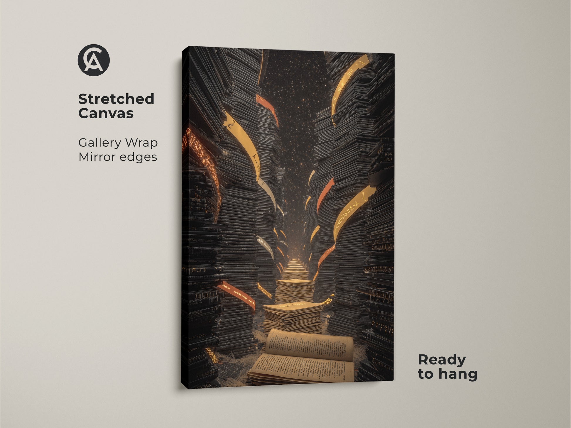 Stretched canvas gallery wrap of a surreal library staircase artwork. Books are stacked high with black gold and orange hues. Ready to hang for study room bookshelf decor. This is perfect for bookworms.