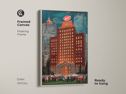 Framed canvas with a white floating frame of a burnt orange and golden yellow cityscape art print. The artwork features a narrative architecture with a crowd. Ready to hang this is a contemporary piece for sophisticated office or home decor.