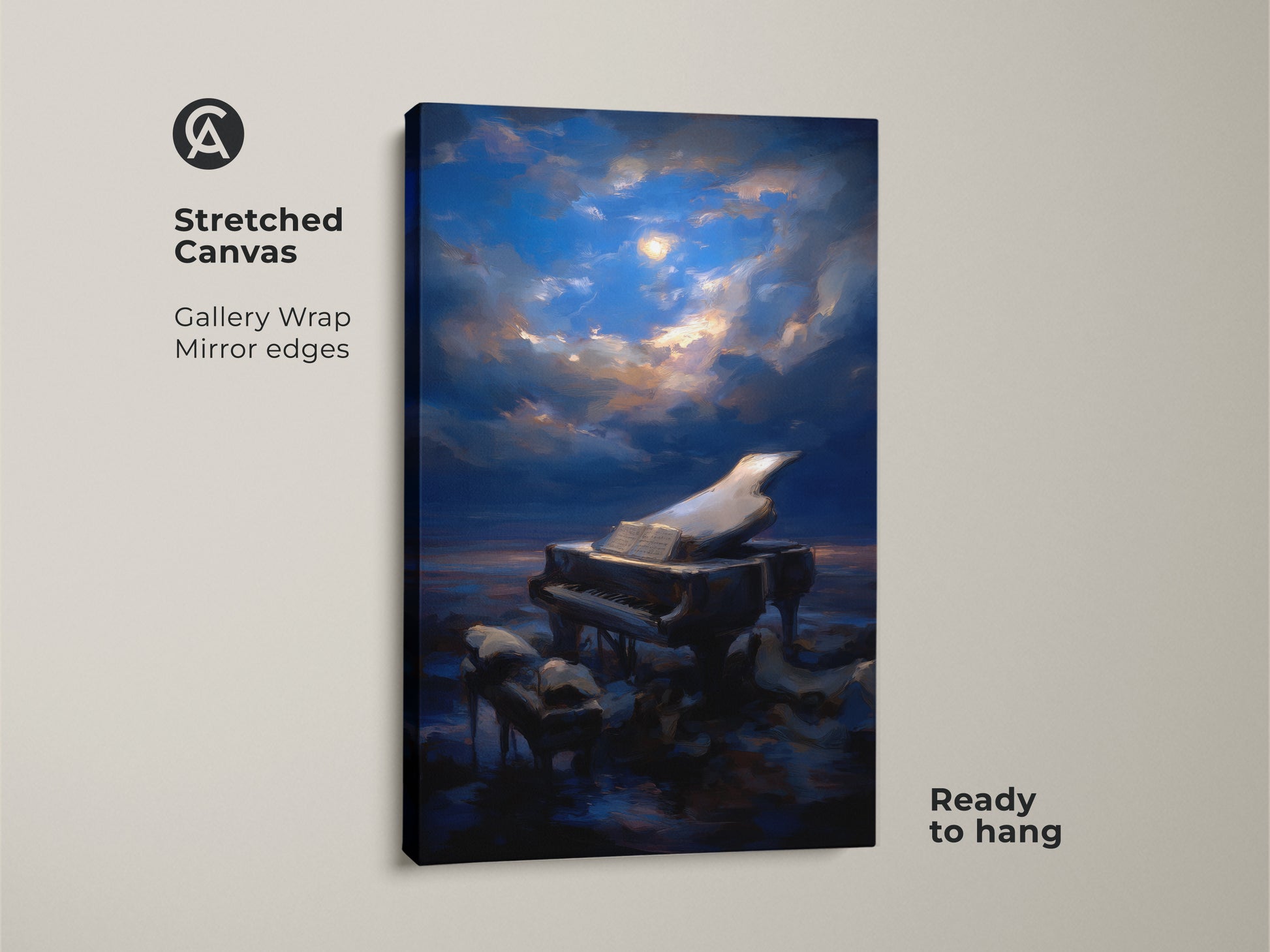 A stretched canvas showcases surreal grand piano art. This moonlit sky piano print is ready to hang. The gallery wrap with mirrored edges adds a refined touch. Deep blue hues dominate this music wall art. A perfect eclectic bedroom art piece for musicians. The canvas enhances any music lover's home.