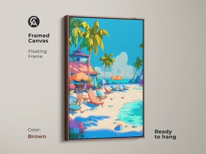 Framed canvas art showing a tropical beach. The brown floating frame complements the serene beach scene with palm trees. Ready to hang this artwork brings a warm coastal feel to your home decor. It is vibrant.