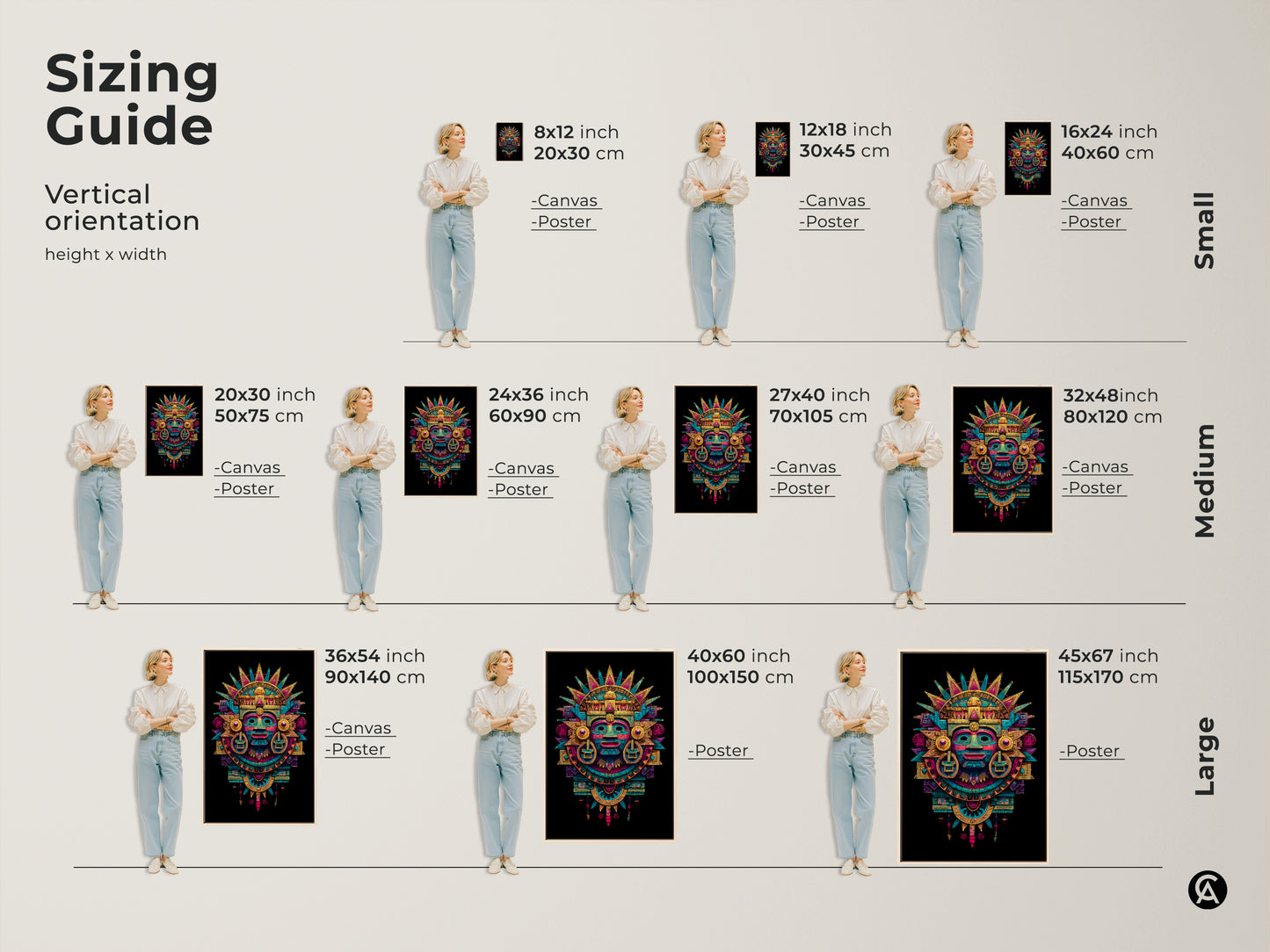 Sizing guide for Mayan mask art. Vertical orientation height x width options are available. Sizes range from small to large. Options include canvas and poster prints. Find the perfect fit for your space.