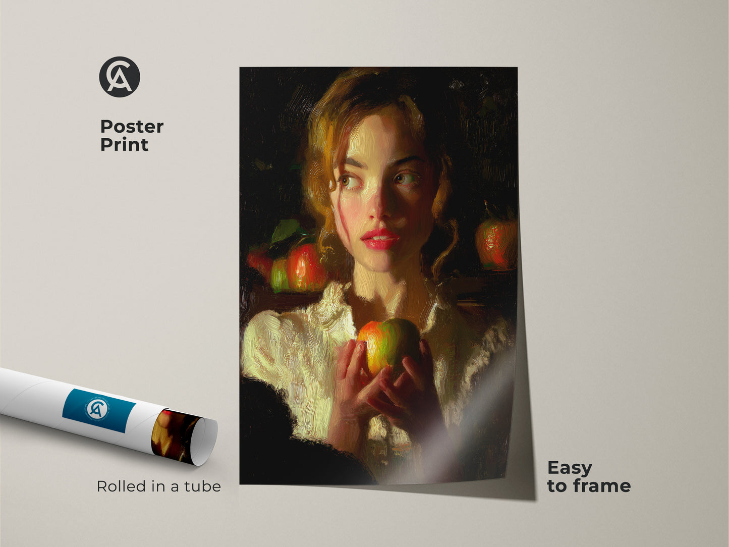 Poster print of a woman portrait with an apple. This fine art reproduction is easy to frame. The traditional artwork features ochre and red hues. This impressionistic portrait print is rolled in a tube. It's ideal for traditional home decor. Consider it as a gift for art lovers.
