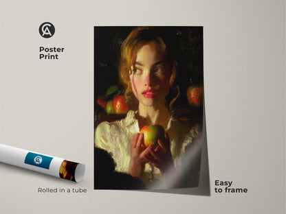 Poster print of a woman portrait with an apple. This fine art reproduction is easy to frame. The traditional artwork features ochre and red hues. This impressionistic portrait print is rolled in a tube. It's ideal for traditional home decor. Consider it as a gift for art lovers.