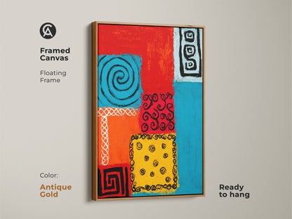 Elevate your decor with this geometric painting on canvas. The abstract folk art print features tribal symbols in red orange and blue tones. Encased in an antique gold floating frame this piece exudes sophistication. Ready to hang this artwork is perfect for adding a touch of elegance.