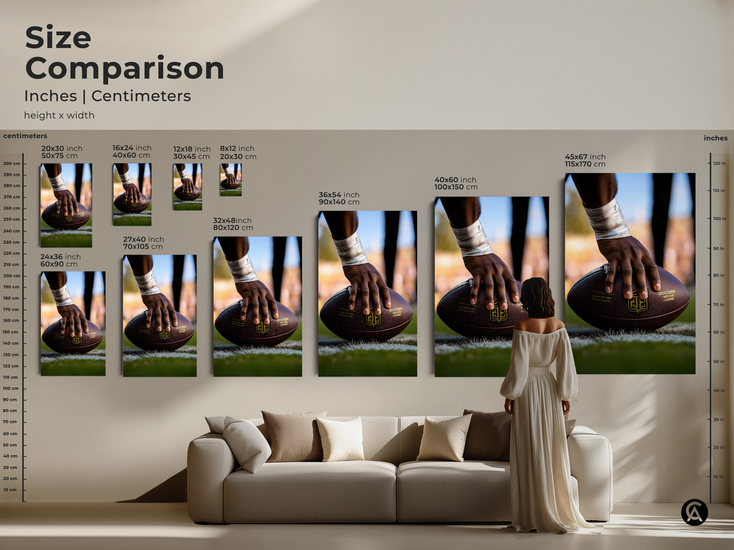 Size comparison for American Football artwork in inches and centimeters. See how the art fits over a sofa. Available in multiple sizes for canvas and poster prints. Decorate your living room with sports action. A perfect gift for any football enthusiast.
