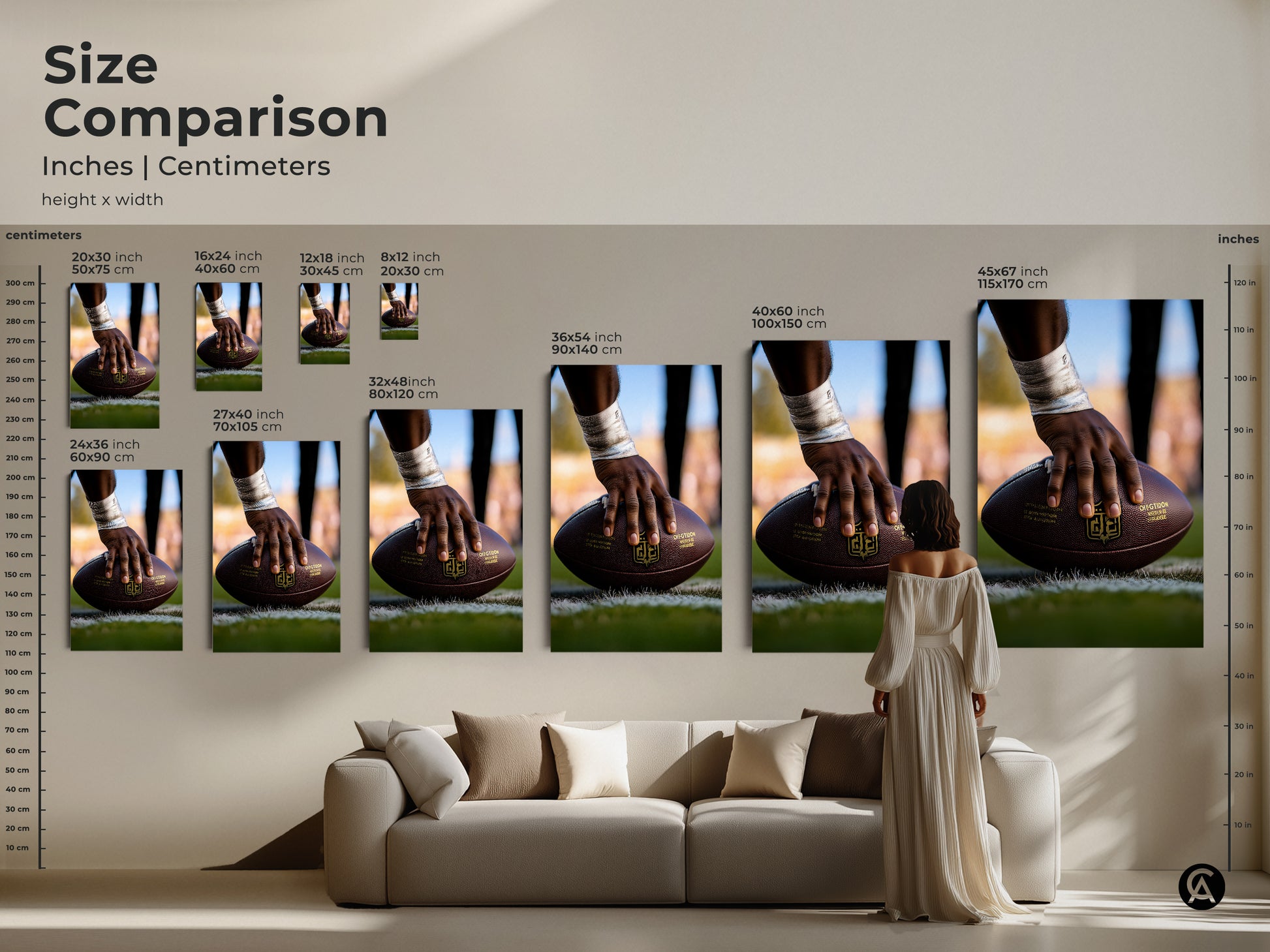 Size comparison for American Football artwork in inches and centimeters. See how the art fits over a sofa. Available in multiple sizes for canvas and poster prints. Decorate your living room with sports action. A perfect gift for any football enthusiast.