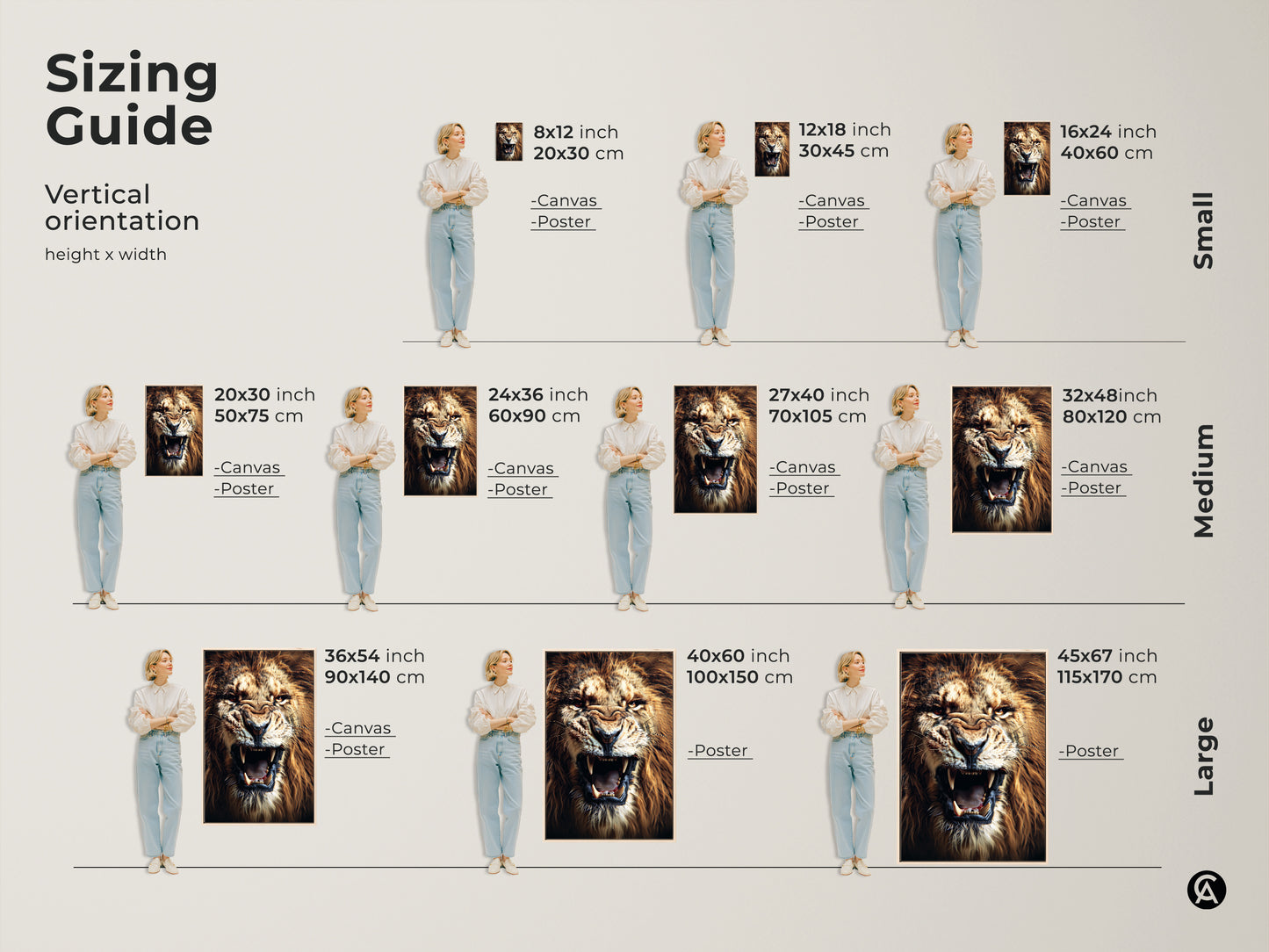 Sizing guide featuring a roaring lion artwork in vertical orientation. Available in small medium and large sizes. Choose from canvas or poster prints to suit your decor needs for this powerful animal painting.