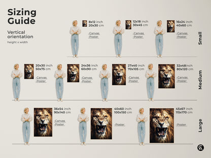 Sizing guide featuring a roaring lion artwork in vertical orientation. Available in small medium and large sizes. Choose from canvas or poster prints to suit your decor needs for this powerful animal painting.