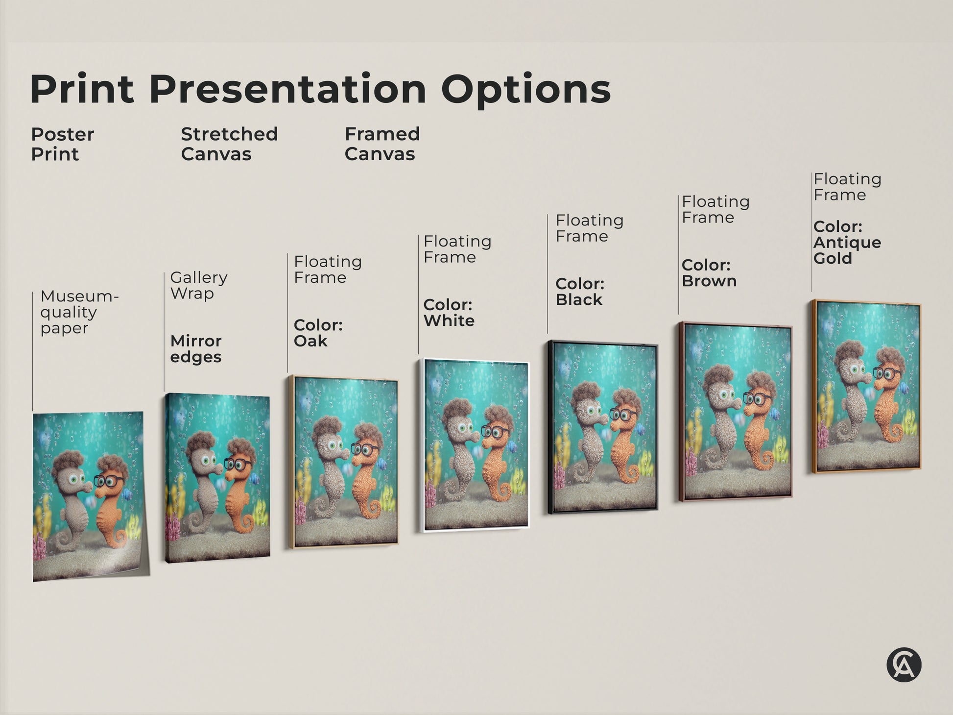 Print Presentation Options for seahorse couple art. See options for Poster Print Stretched Canvas and Framed Canvas. The artwork is cute cartoon underwater kids room decor. It makes a great baby shower gift.