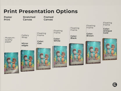 Print Presentation Options for seahorse couple art. See options for Poster Print Stretched Canvas and Framed Canvas. The artwork is cute cartoon underwater kids room decor. It makes a great baby shower gift.