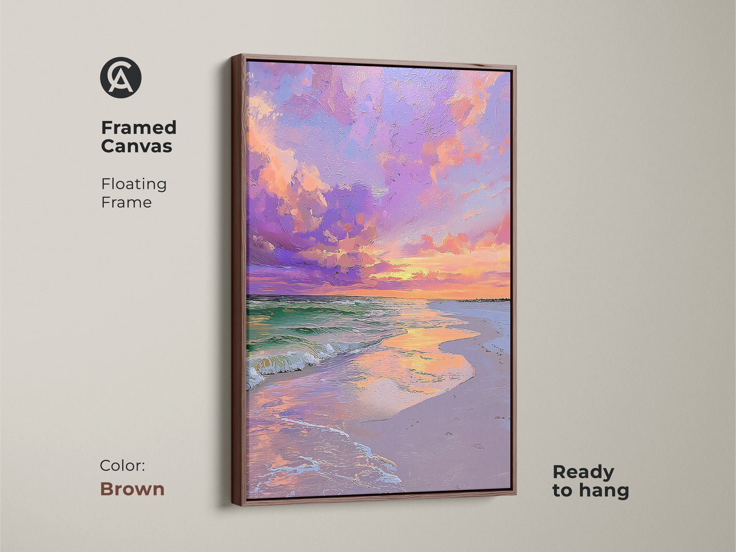 Framed canvas of a coastal beach sunset. This artwork features a brown floating frame. The print captures the beauty of a pink and purple sky. The framed art is ready to hang. Perfect calming ocean canvas.