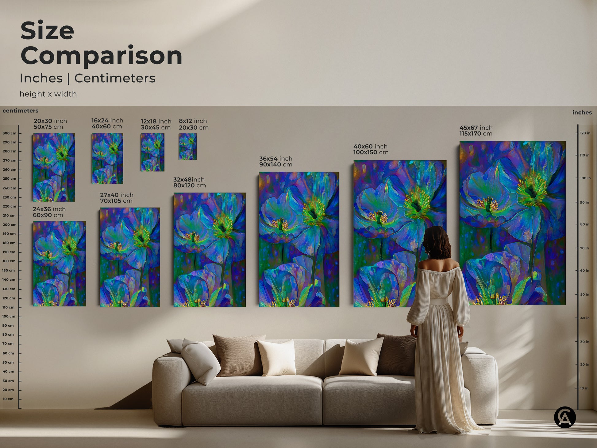 Size comparison showcasing abstract floral art prints in inches and centimeters. See how various sizes of canvas prints enhance a living room. The blue green poppy anemone art adds a bohemian touch to any space. Nature-inspired wall decor to complement eclectic styles.