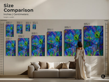 Size comparison showcasing abstract floral art prints in inches and centimeters. See how various sizes of canvas prints enhance a living room. The blue green poppy anemone art adds a bohemian touch to any space. Nature-inspired wall decor to complement eclectic styles.