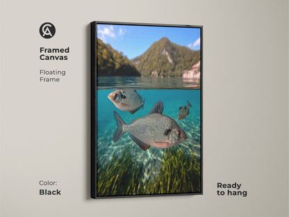 Framed Canvas of underwater fish. The floating frame is sleek in black. This lake scene wall art is ready to hang. A coastal nature print of blue green animal artwork. It makes a great fishing gift wall decor.