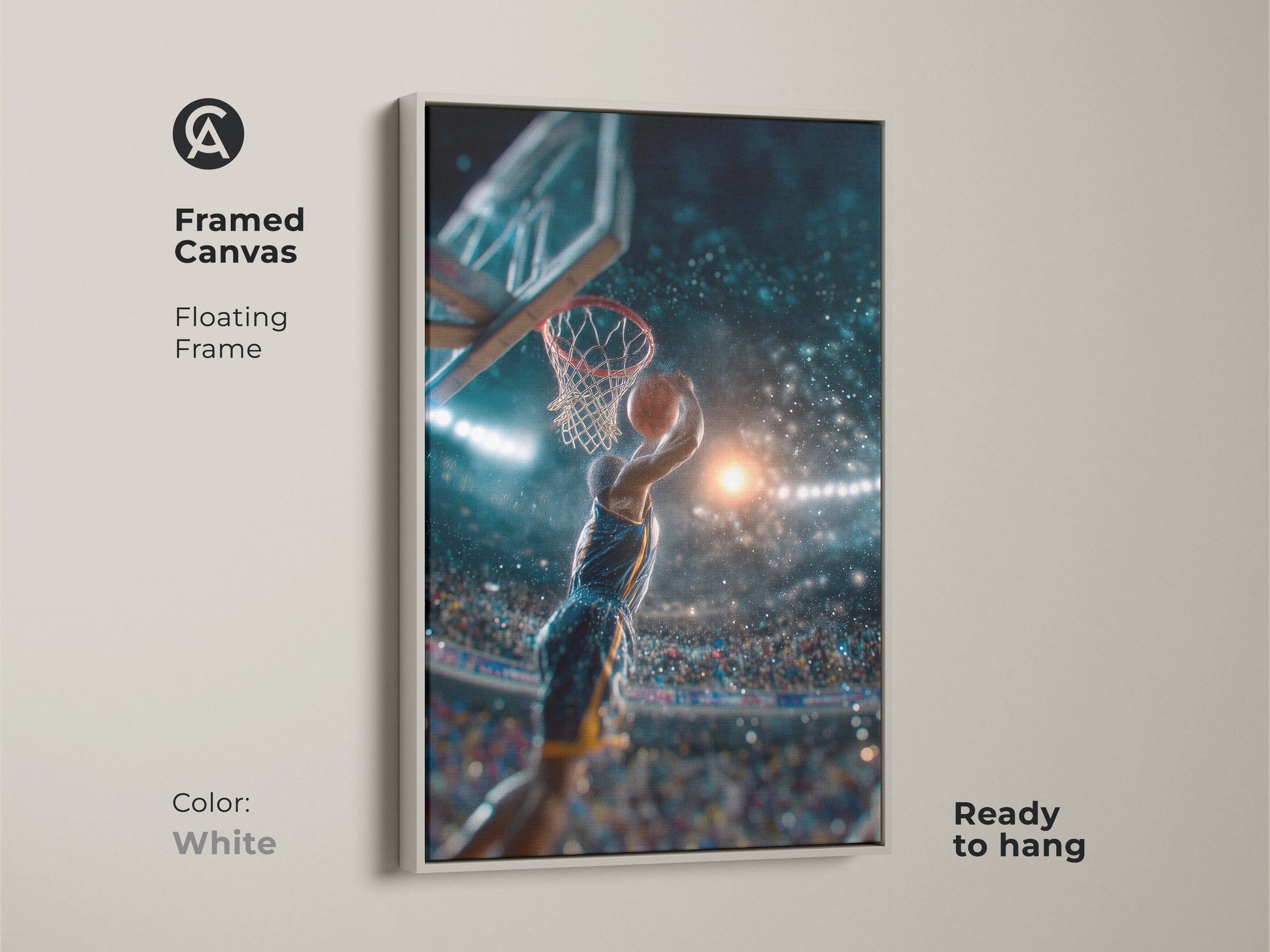Experience the thrill of basketball with this framed canvas art. A player is captured mid-dunk in this action shot. The white floating frame enhances the artwork. Ready to hang and enjoy. Elevate your space with this modern sports art piece. A slam dunk for any room.