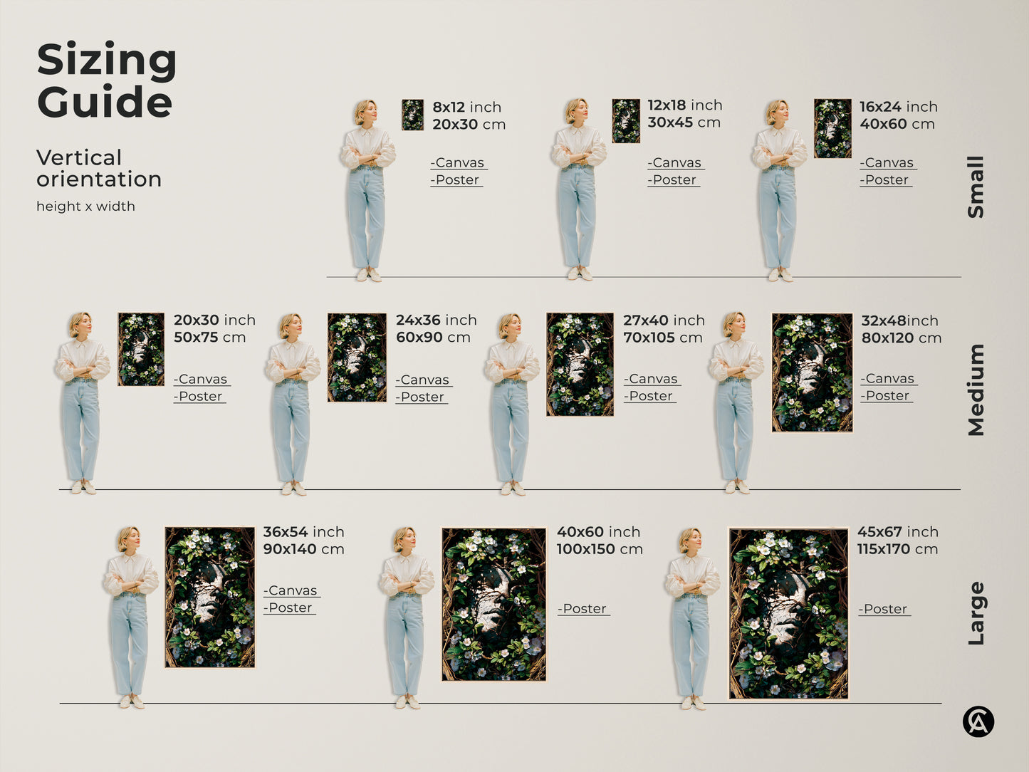 Sizing guide for Botanical Face Art Print. Various sizes from small to large canvas and posters are available. Find the perfect fit for your space. It will complement any dark academia or eclectic home decor style.