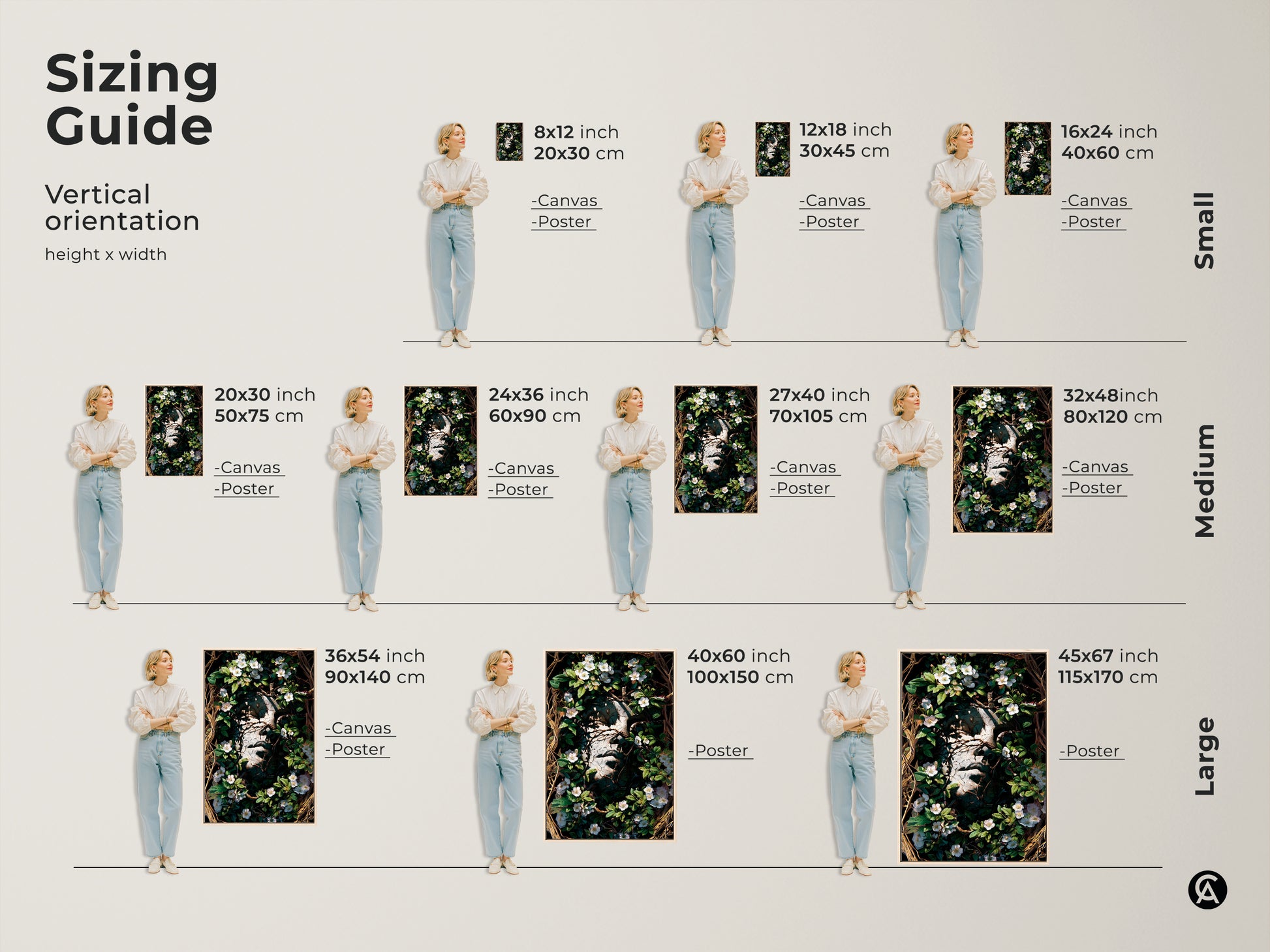 Sizing guide for Botanical Face Art Print. Various sizes from small to large canvas and posters are available. Find the perfect fit for your space. It will complement any dark academia or eclectic home decor style.