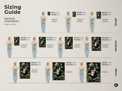 Sizing guide for Botanical Face Art Print. Various sizes from small to large canvas and posters are available. Find the perfect fit for your space. It will complement any dark academia or eclectic home decor style.