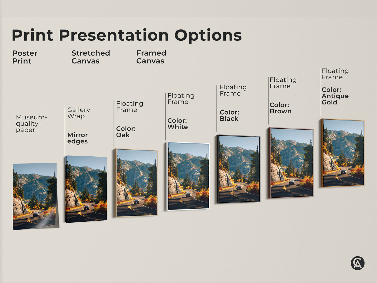 Sizing guide for mountain road landscape canvas. See how different sizes fit with wall art. The print features a car driving through autumn foliage. Available in various dimensions. Perfect for bedrooms and living rooms. Choose the ideal size for your space.
