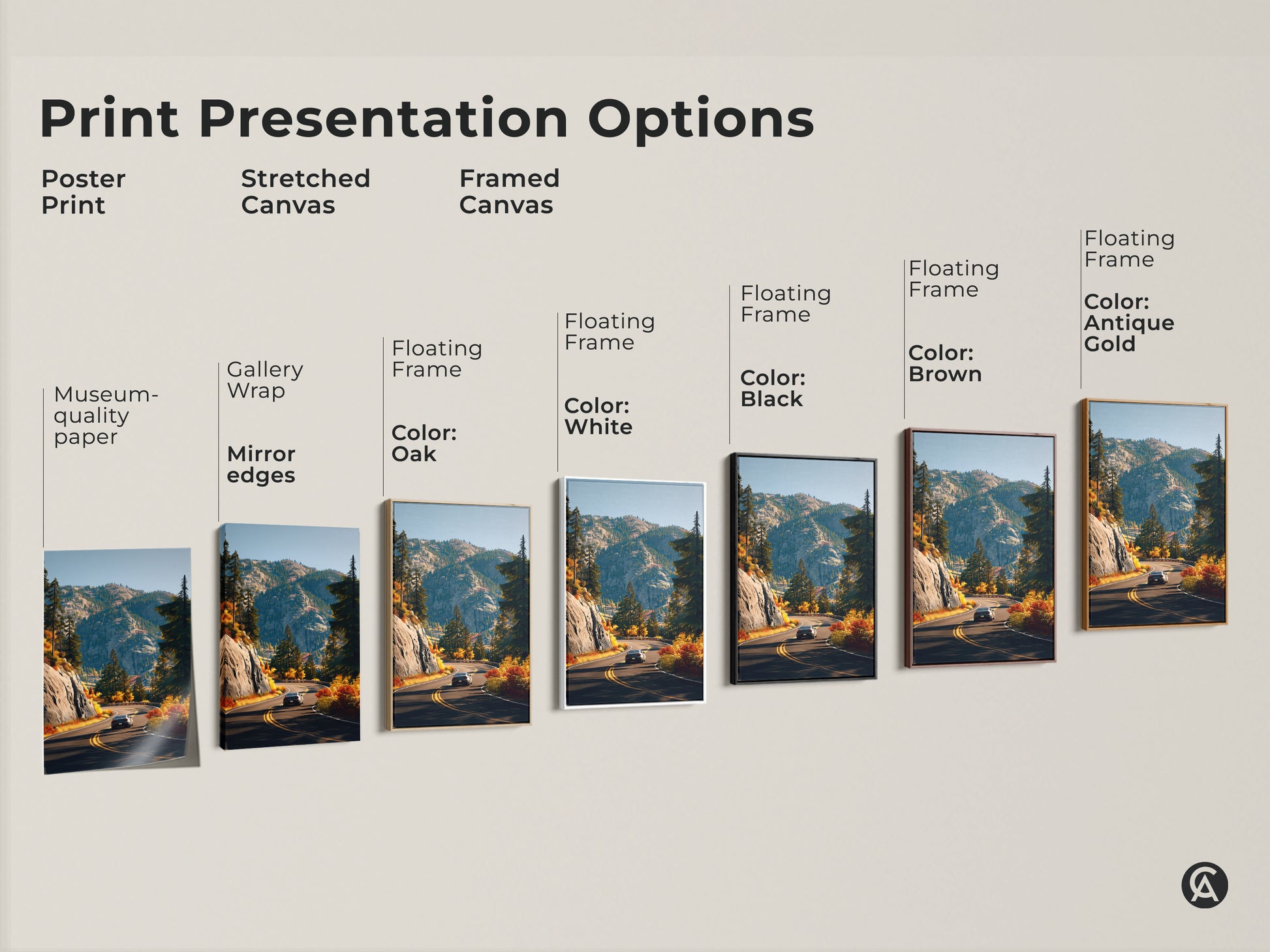 Sizing guide for mountain road landscape canvas. See how different sizes fit with wall art. The print features a car driving through autumn foliage. Available in various dimensions. Perfect for bedrooms and living rooms. Choose the ideal size for your space.