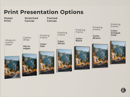 Sizing guide for mountain road landscape canvas. See how different sizes fit with wall art. The print features a car driving through autumn foliage. Available in various dimensions. Perfect for bedrooms and living rooms. Choose the ideal size for your space.
