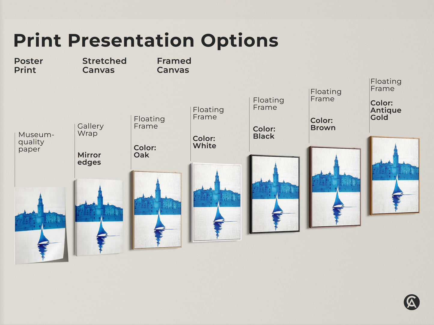 Explore presentation options for minimalist sailboat artwork. Choose between poster print stretched canvas and framed canvas. Frame colors include oak white black brown and antique gold.