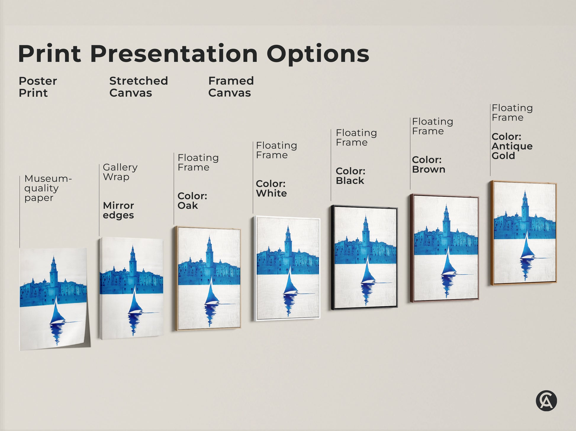 Explore presentation options for minimalist sailboat artwork. Choose between poster print stretched canvas and framed canvas. Frame colors include oak white black brown and antique gold.
