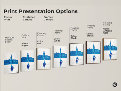 Explore presentation options for minimalist sailboat artwork. Choose between poster print stretched canvas and framed canvas. Frame colors include oak white black brown and antique gold.