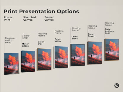 Explore the print presentation options for this surreal landscape artwork. Choose from poster prints stretched canvases and framed canvases. Each option highlights the fiery orange and crimson cloudscape. Find the perfect style to showcase this fantasy art decor in your home.