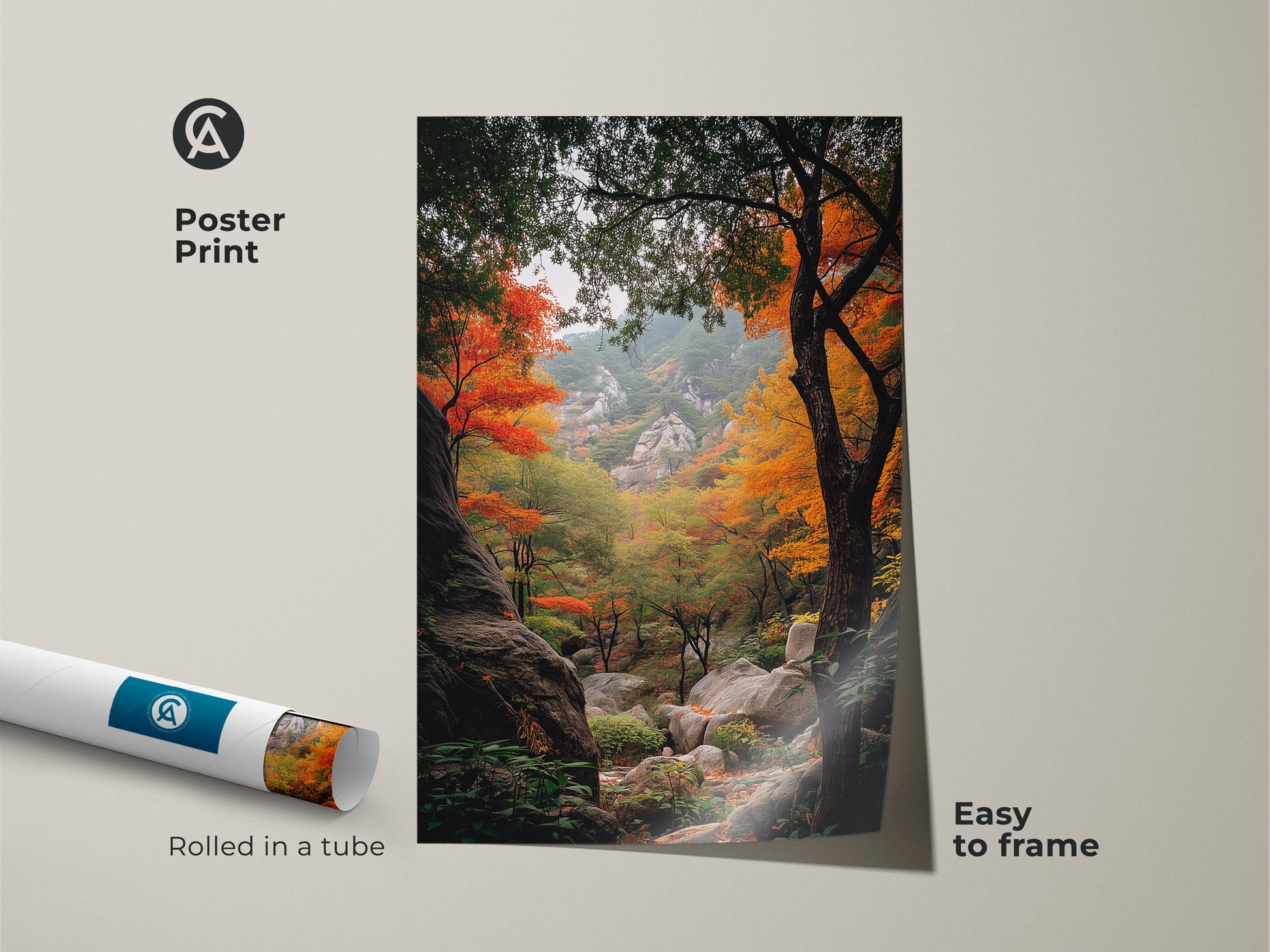 Poster print featuring a breathtaking autumn forest landscape. Rolled in a tube for protection and easy framing. The art captures the vivid colors of fall foliage. Add a touch of nature to any space with this beautiful landscape poster print. Easy to frame and display.