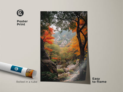 Poster print featuring a breathtaking autumn forest landscape. Rolled in a tube for protection and easy framing. The art captures the vivid colors of fall foliage. Add a touch of nature to any space with this beautiful landscape poster print. Easy to frame and display.