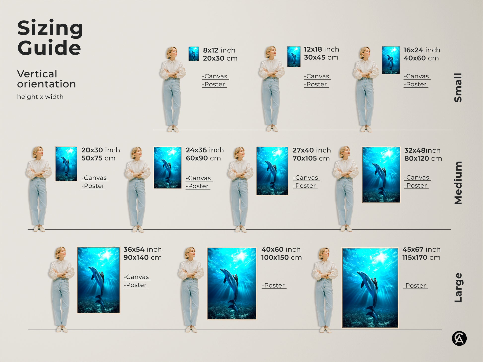 Sizing guide for dolphin rider canvas art is here. See vertical orientation options. Find sizes from small to large. Visualize the deep blue underwater scene in your space. Choose the perfect photorealistic ocean wall decor for you.