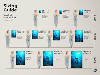 Sizing guide for dolphin rider canvas art is here. See vertical orientation options. Find sizes from small to large. Visualize the deep blue underwater scene in your space. Choose the perfect photorealistic ocean wall decor for you.