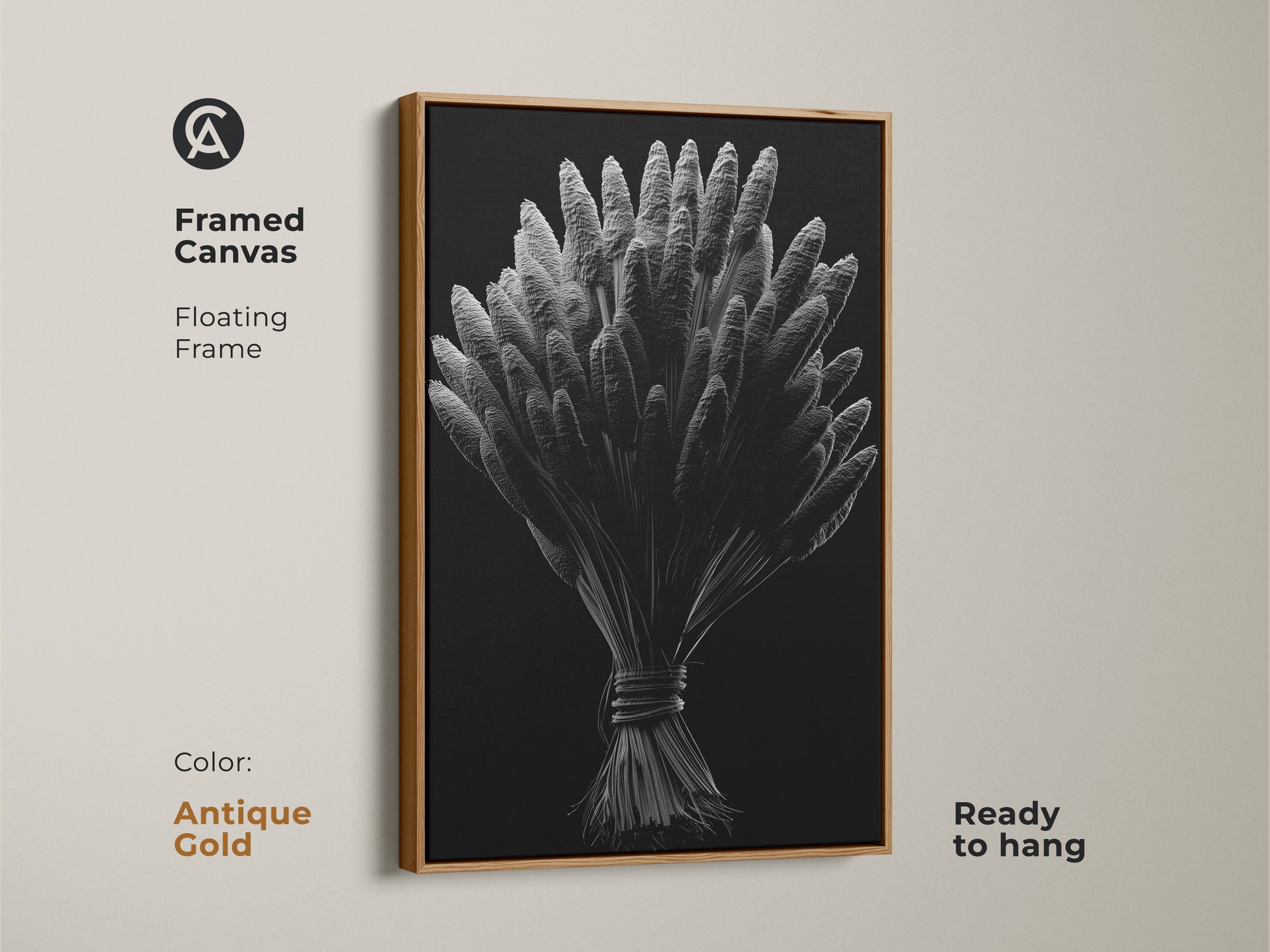 Botanical artwork in a framed canvas. The silver wheat illustration is in a floating antique gold frame. Transform your space with elegant wall art. Ready to hang. Browse our framed prints online today.