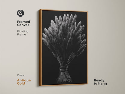 Botanical artwork in a framed canvas. The silver wheat illustration is in a floating antique gold frame. Transform your space with elegant wall art. Ready to hang. Browse our framed prints online today.