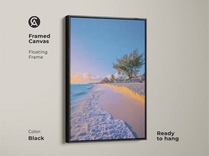 Black Framed Canvas Sky Blue Aqua Beach artwork featuring tropical palm trees and ocean landscape. This coastal home decor wall art is ready to hang. The black floating frame adds a touch of elegance. Ideal as a housewarming gift or for beach lovers.