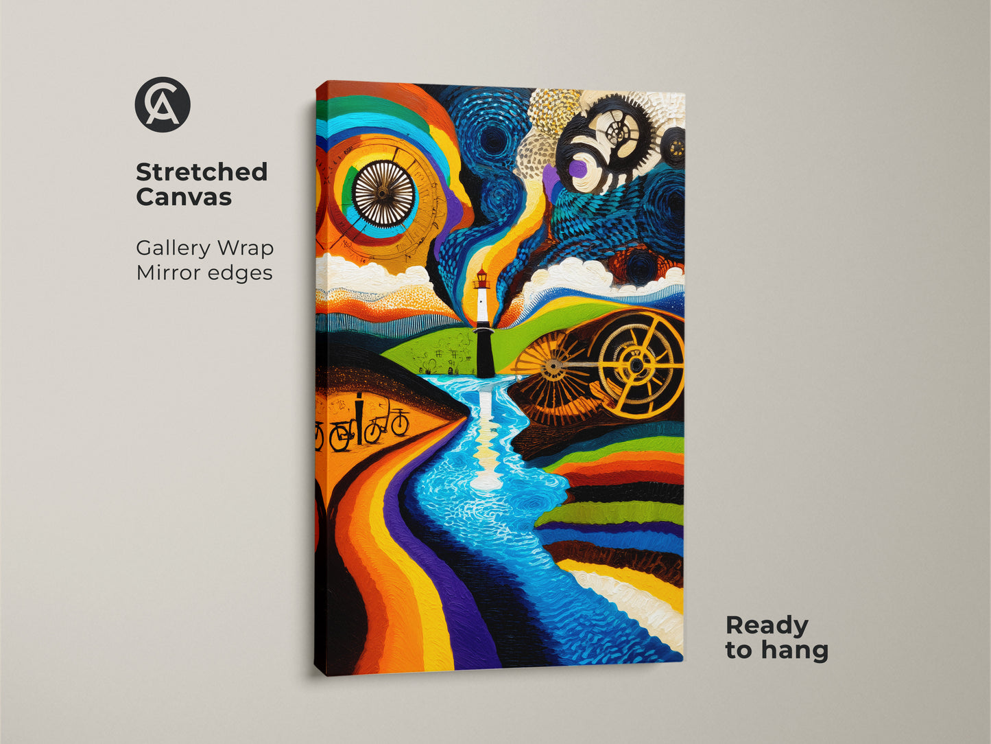 This is a stretched canvas of abstract lighthouse wall art with a surreal bicycle art print. The rainbow color landscape canvas pops. This orange blue abstract artwork is ready to hang. It is Gallery wrapped.