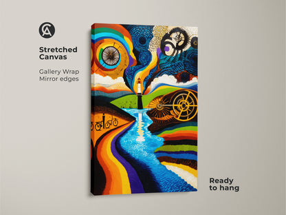 This is a stretched canvas of abstract lighthouse wall art with a surreal bicycle art print. The rainbow color landscape canvas pops. This orange blue abstract artwork is ready to hang. It is Gallery wrapped.
