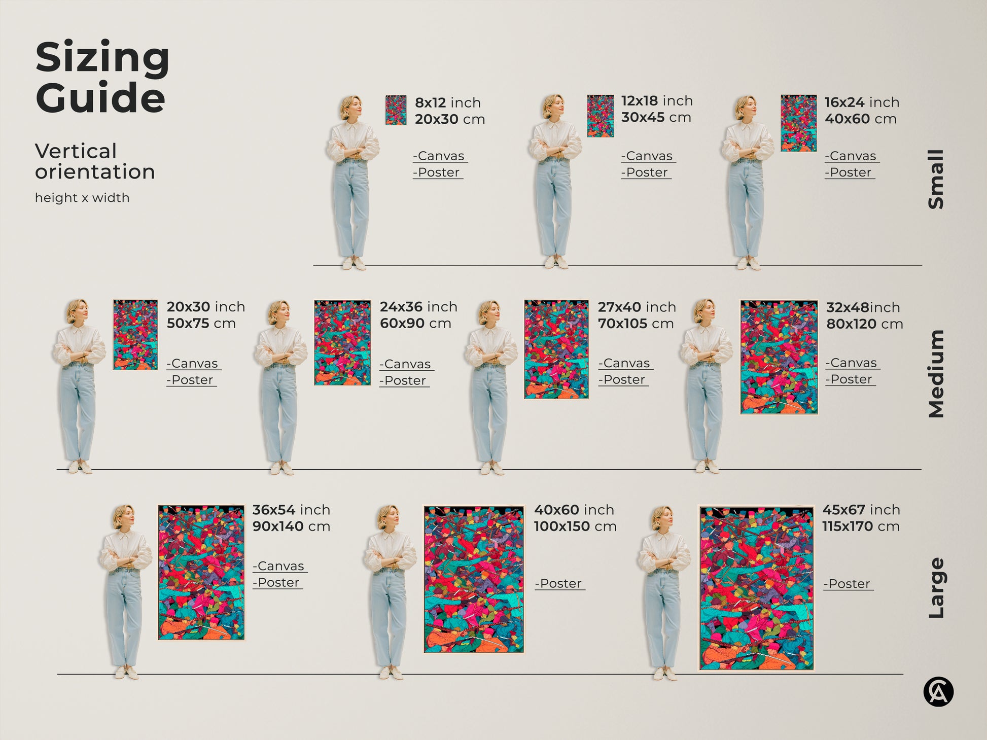 Sizing guide for historical battle scene canvas and poster prints. Vertical orientation options range from small to large. Each size features soldiers with muskets in teal orange and red. Find the perfect fit for your study room office or home decor.