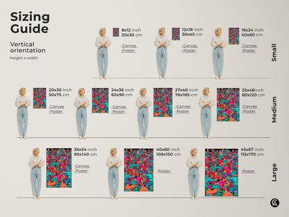 Sizing guide for historical battle scene canvas and poster prints. Vertical orientation options range from small to large. Each size features soldiers with muskets in teal orange and red. Find the perfect fit for your study room office or home decor.