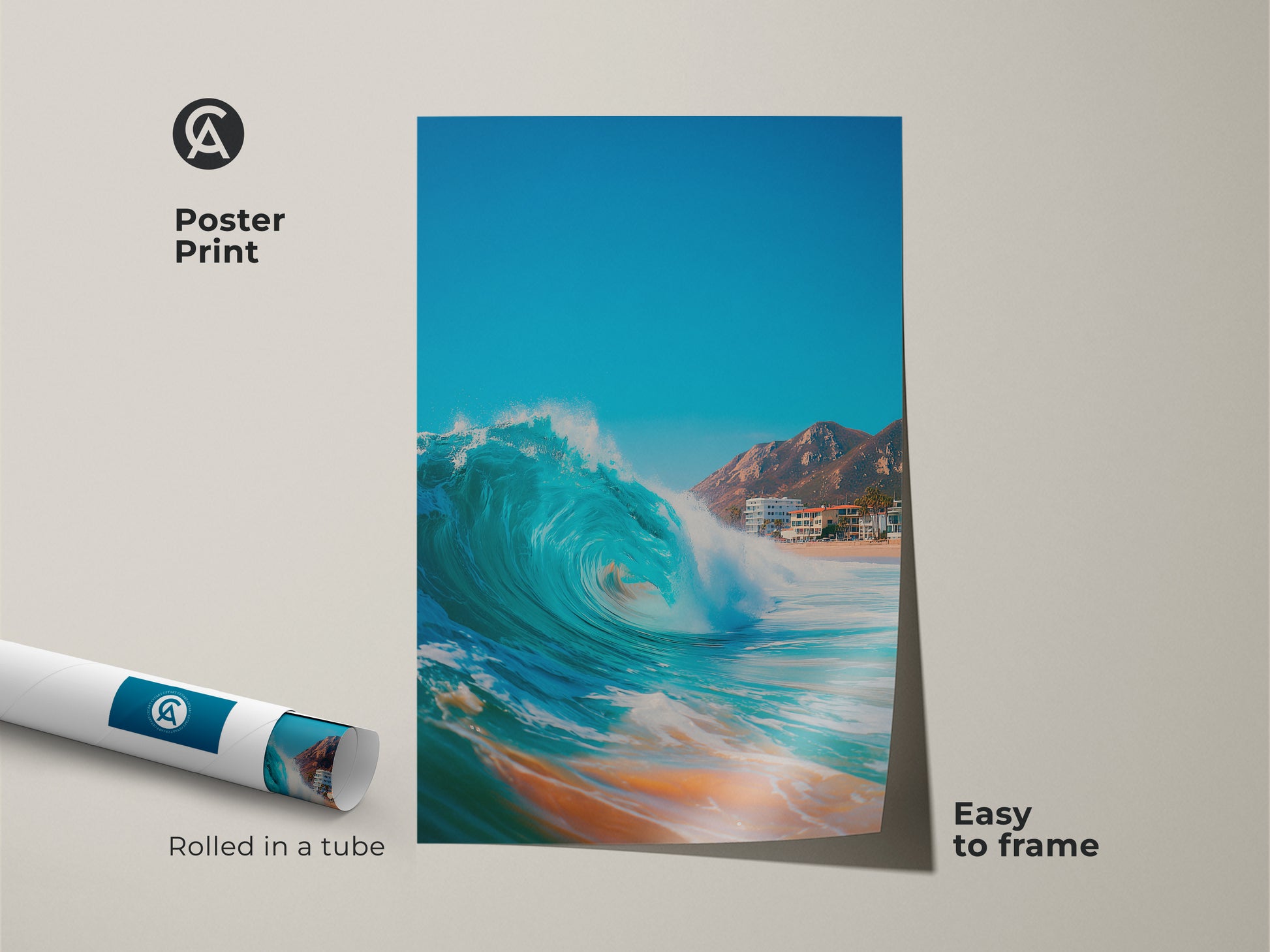 Poster print of a blue ocean wave. This museum-quality paper print ships rolled in a tube. The wave poster is easy to frame. Bring the beach to your home decor.
