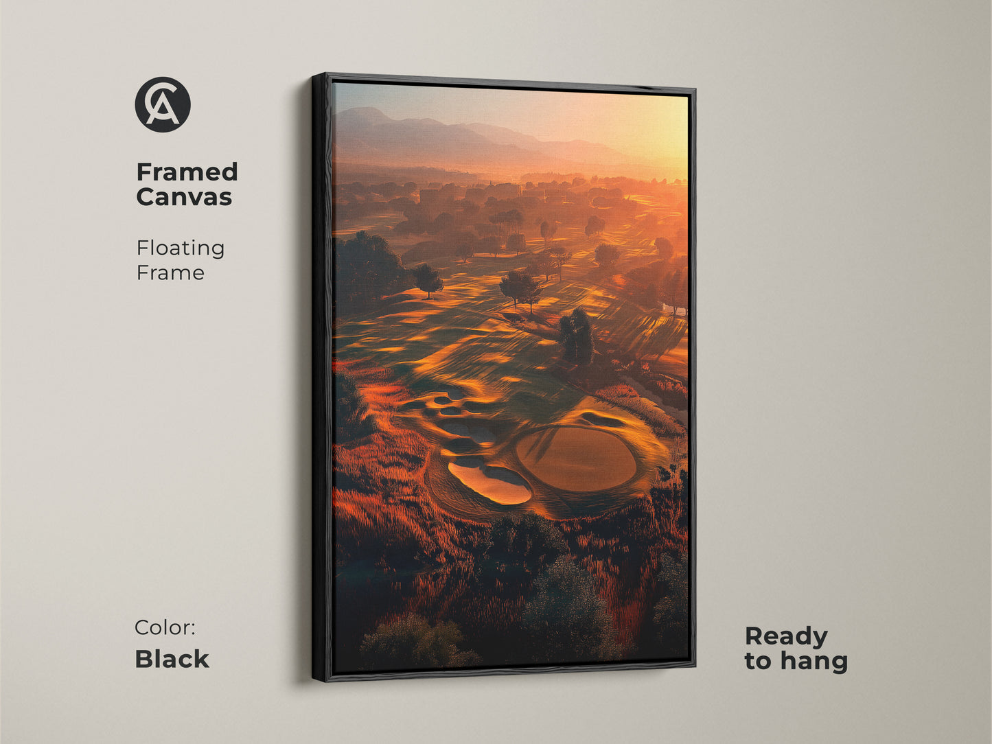 Enhance your home decor with this framed canvas art featuring a golf course at sunrise. The floating frame adds a touch of elegance. Ready to hang this black framed artwork is perfect for any room. A unique piece that combines nature sport and modern style.