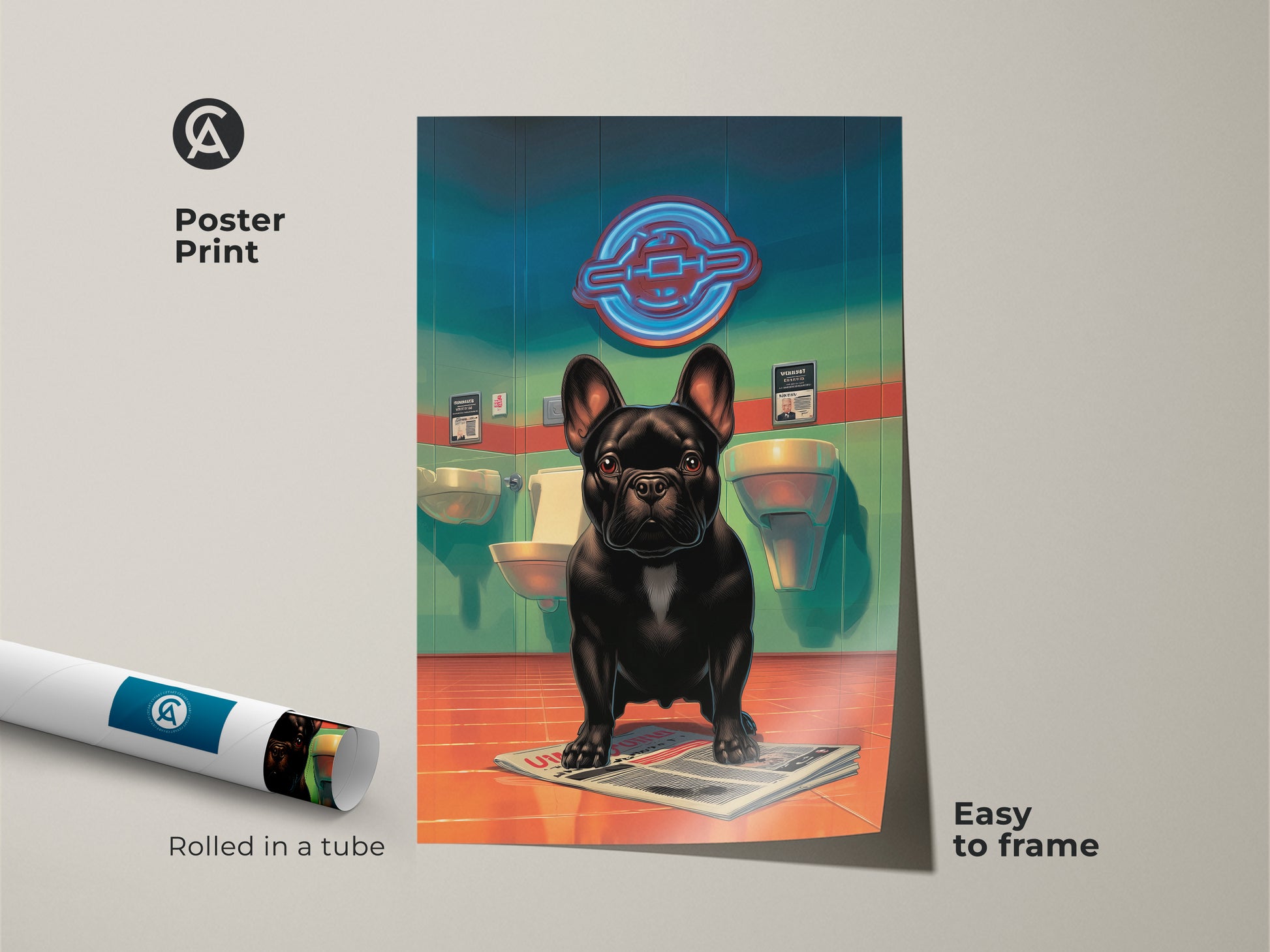 This poster print showcases a humorous French Bulldog scene. The pop surrealism artwork is easy to frame. Rolled in a tube for protection. The retro futurism style and teal and orange colors make it a cool and whimsical pet art print.