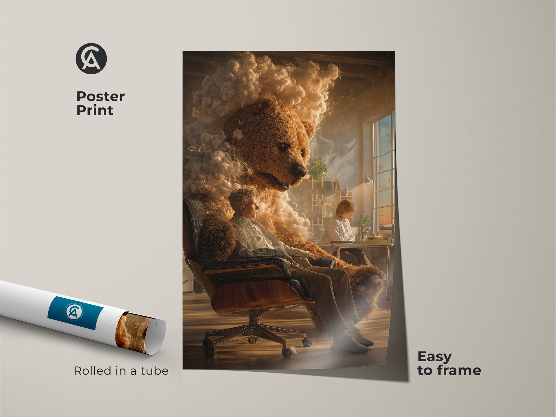 Poster print of a surreal bear man artwork rolled in a tube. Easy to frame for your home or office decor. A golden brown color enhances this anthropomorphic art print. This unique office artwork adds a touch of the extraordinary.