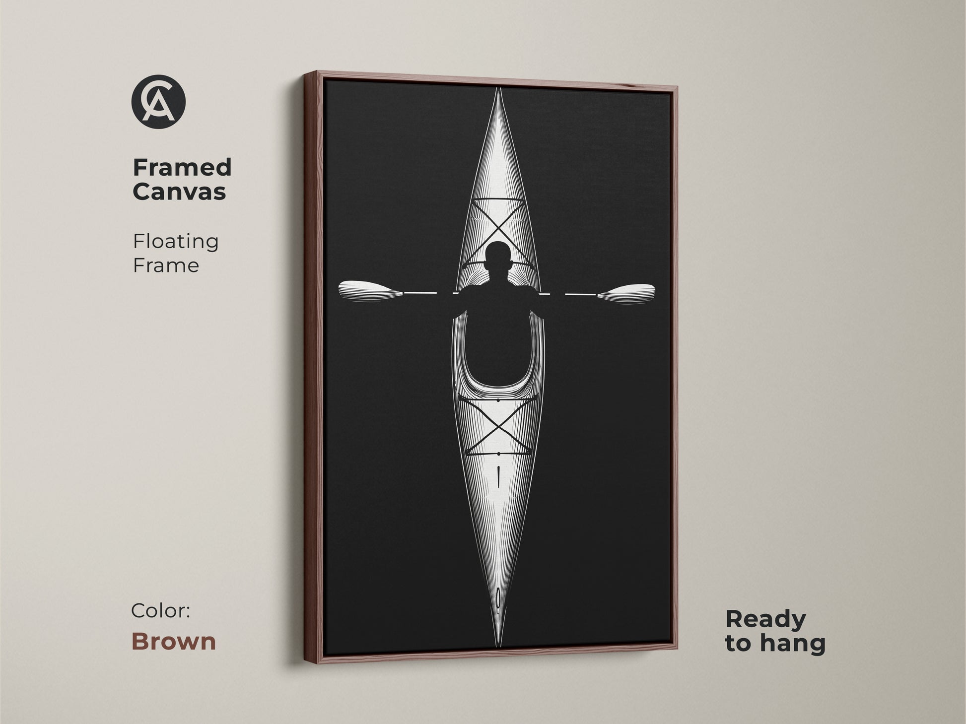 Framed canvas with floating frame featuring minimalist kayak line artwork in brown. Ready to hang this black and white paddler print is perfect as kayak enthusiast gift.